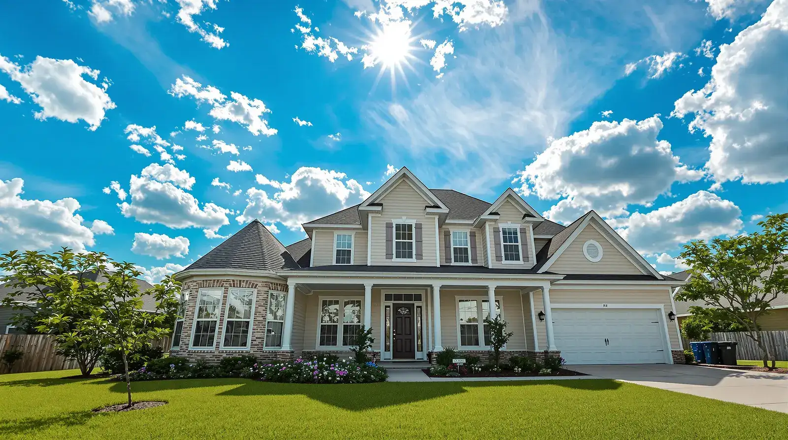 Gulf Coast home exterior on a sweltering summer day with heat waves rising from the roof