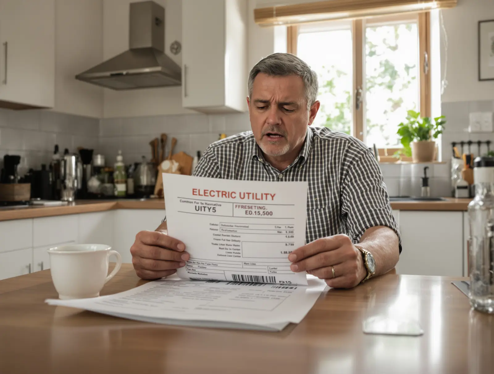 Homeowner looking at a high summer electric bill with concern